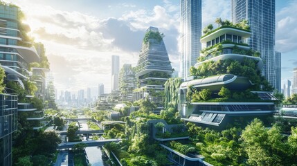 Obraz premium Futuristic Green Cityscape with Solar Panels and Urban Gardens