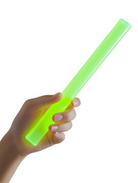 Hand holding neon green glow stick isolated on transparent background