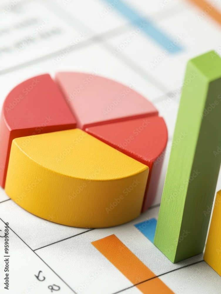 Poster a close-up of a pie chart and bar graph on a business report, representing financial data, growth, a