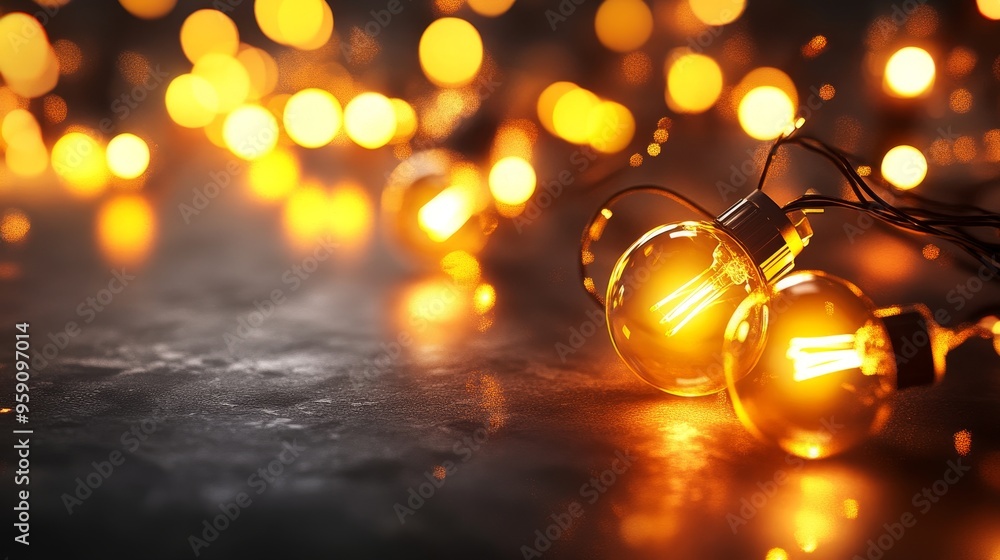 Poster a close-up of warm-toned string lights with a shallow depth of field, illuminating a dark background