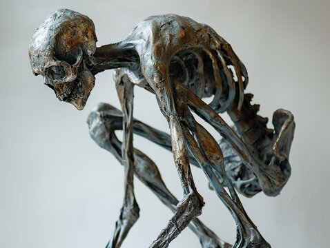Close-up of a silver and gold skeletal sculpture with a hunched over posture.