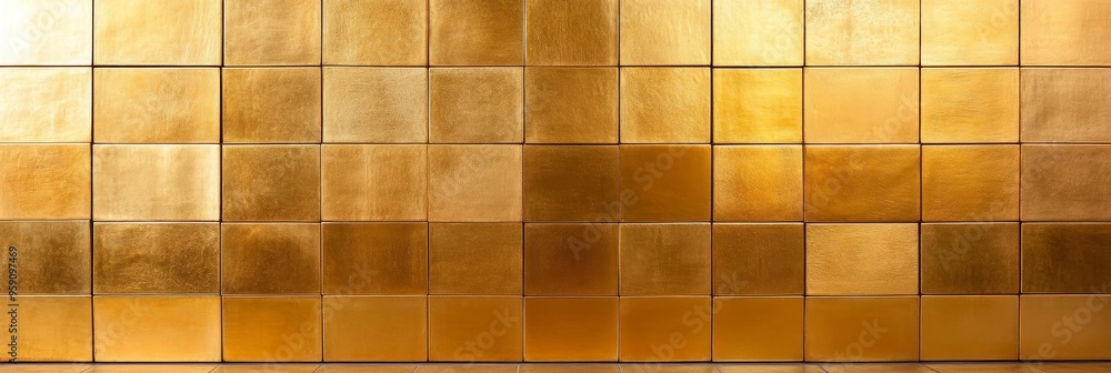 Poster a close-up shot of a wall covered in gold square tiles, creating a seamless pattern. the texture is 
