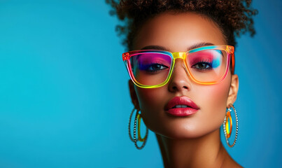 Fototapeta premium High Fashion Portrait: Model with Neon Acrylic Glasses, Exaggerated Makeup, and Bright Reflections in Studio Photography
