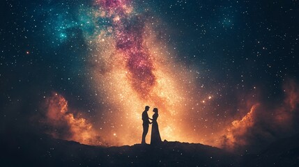 Fototapeta premium Cosmic Waltz - Whimsical Couple Dancing on the Edge of the Universe with Stars and Cosmic Dust Background