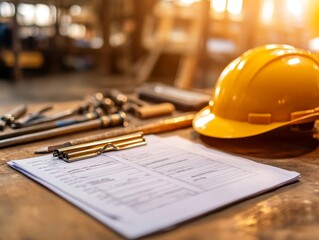 Yellow hard hat, clipboard and tools on wooden table, safety and construction concept.