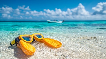 Yellow snorkeling gear on a pristine white sand beach, with turquoise water and a boat in the distance.