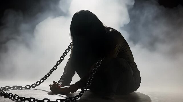 A person sits on the floor with arms shackled, expressing a deep sense of hopelessness and confinement. The misty surroundings create an eerie, somber mood.