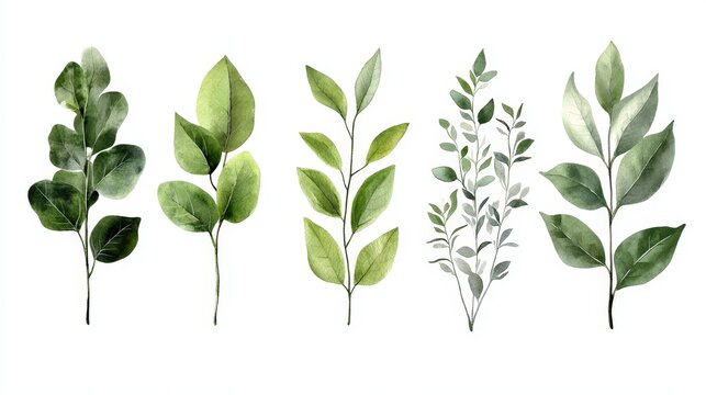 A collection of eight different green leaves painted in watercolor.  The leaves are arranged in a row and symbolize nature, growth, life, and beauty.