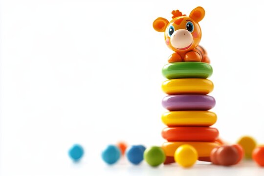 A colorful stacking ring toy featuring a cute cartoon giraffe on top, perfect for stimulating a baby's senses and motor skills. The toy encourages stacking, sorting, and imaginative play.