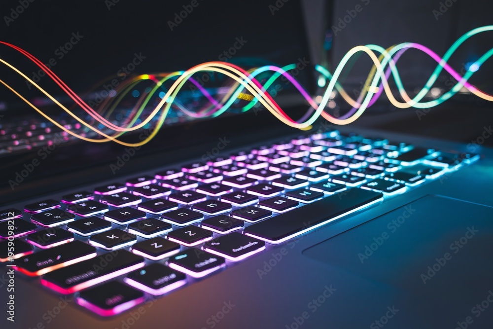 Poster digital growth: a modern laptop keyboard with vibrant rgb lighting and ethereal data visualization l