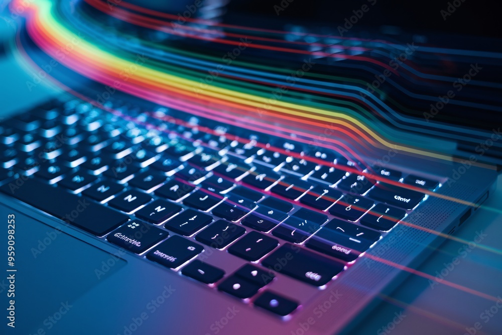 Poster digital rainbow: a spectrum of light streaks across a laptop keyboard, symbolizing the speed and int