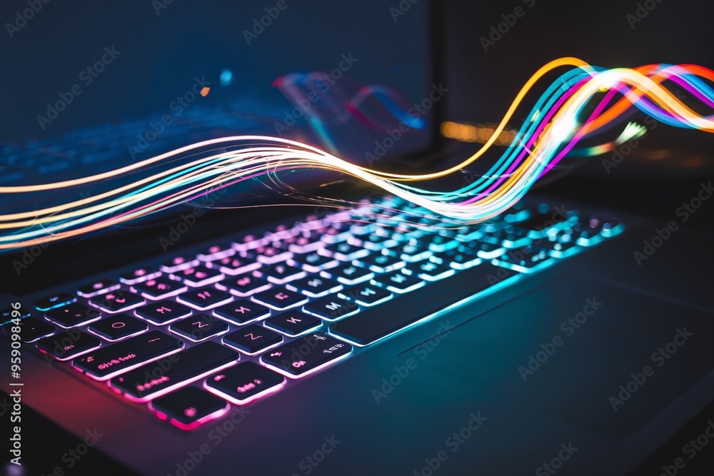 Poster laptop keyboard with flowing light trails: a mesmerizing abstract image of a laptop keyboard bathed 