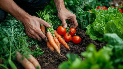 Fototapeta premium A close-up of hands harvesting fresh vegetables from the garden, including carrots, lettuce, and tomatoes, with soil and green leaves visible