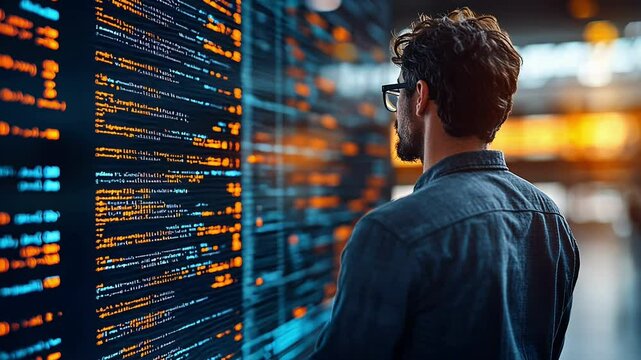 A developer engages with dynamic programming code illuminated by screens, showcasing creativity and skill in a modern tech environment at dusk.