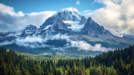 Obraz premium Serene Winter Wonderland - Snow-Capped Mountain Range Above lush Forest with Dramatic Clouds and Copy Space