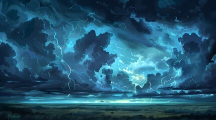 Naklejka premium Dramatic Stormy Sky: A dramatic stormy sky with dark clouds and lightning bolts illuminating the scene. 