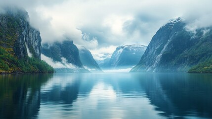Fototapeta premium Majestic Fjord: Scenic Landscape of Cliffs, Calm Waters & Snow-Capped Peaks for Travel Content
