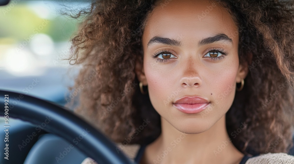 Wall mural a woman with curly hair sitting in a car driving, ai