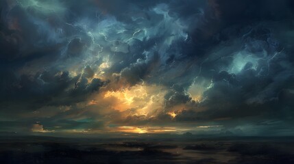 Dramatic Stormy Sky: A dramatic stormy sky with dark clouds and lightning bolts illuminating the scene. 
