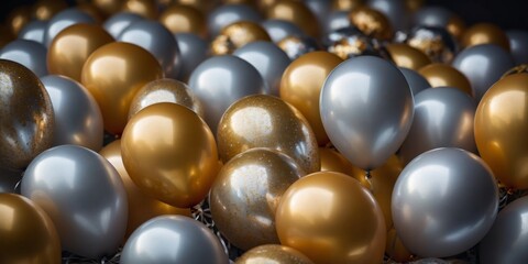 A bunch of balloons with one balloon being gold and the others silver.