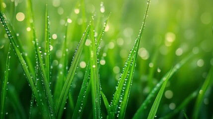Naklejka premium A close-up of vibrant green rice plants with dew drops, highlighting the intricate details of the field and the freshness of the crop