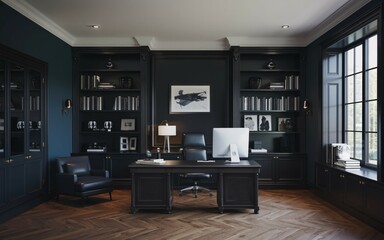 Dark Academia Home Office: A stately, sophisticated space for work and reflection, featuring rich dark wood and a classic design. 