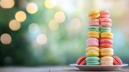 A delightful tower of colorful macarons, stacked high on a white plate. The macarons are arranged in a pleasing order, showcasing their vibrant hues. The backdrop features a soft, blurred green backgr