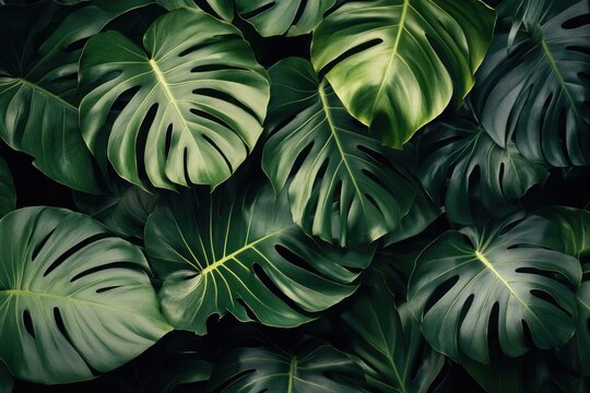 Green And Black Jungle Background. Tropical Monstera Leaf Texture with Palm Leaves in Exotic Garden