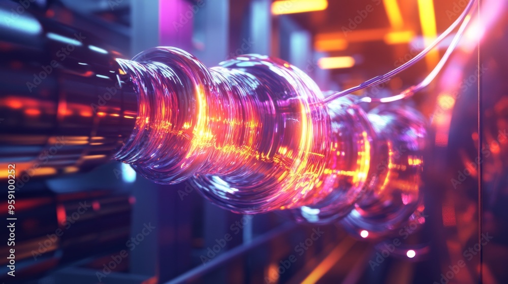 Poster a close-up view of vibrant electric waves pulsing through cables in a high-tech industrial setting, 