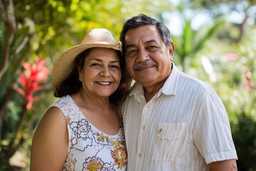 Fototapeta premium Happy Hispanic Seniors. Portrait of Senior Couple Together in Home Garden