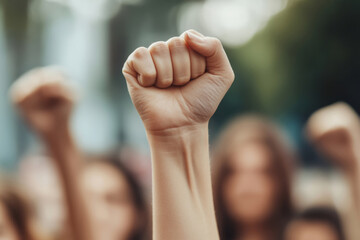 Raised fist in a crowd. Concept of strength, unity, solidarity in a protest