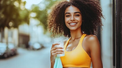 Smiling Woman in a Yellow Tank Top Holding a Water Bottle