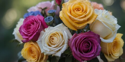 roses of various colors in the bridal bouquet.