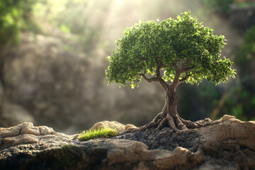 Vibrant plant sprouts from a weathered tree trunk. New life concept