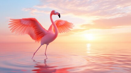 Fototapeta premium A flamingo standing in the water with its wings spread, AI