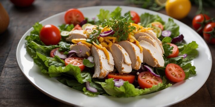 Chicken salad, adorned with crisp vegetables, entices on a wooden table.