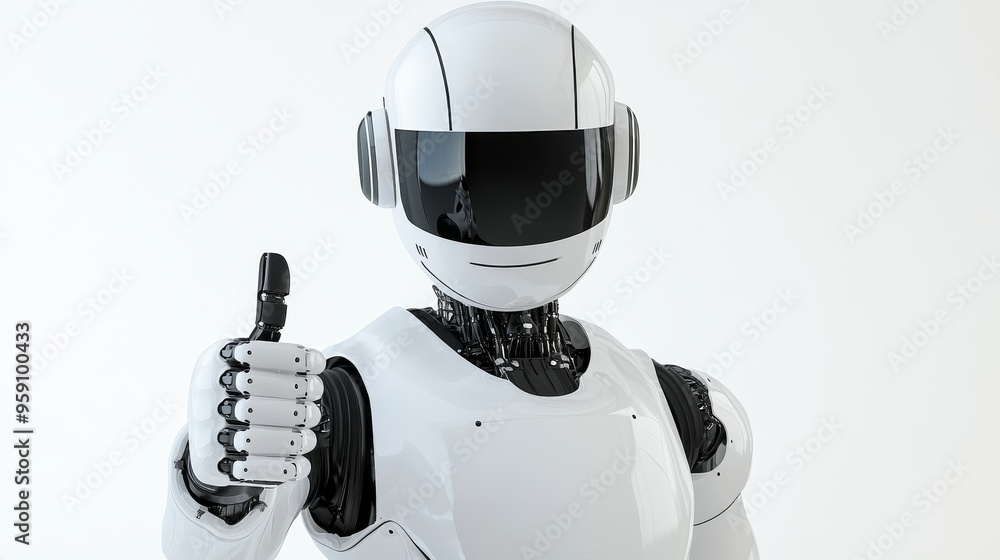 Poster a friendly white robot with a black visor gives a thumbs up gesture. the robot is isolated on a whit