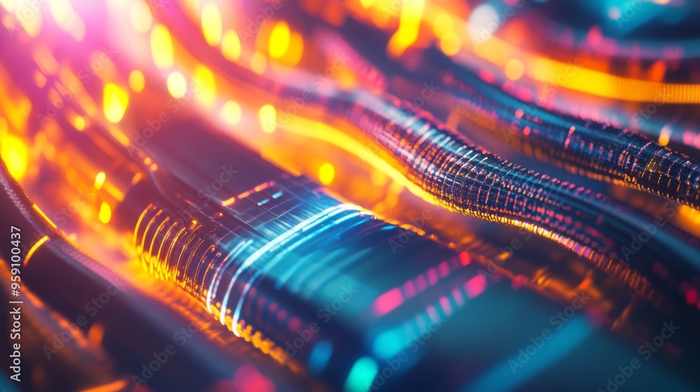 Poster a close-up view of vibrant electric waves pulsing through cables in a high-tech industrial setting, 