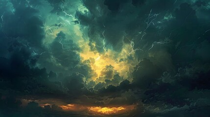 Obraz premium Dramatic Stormy Sky: A dramatic stormy sky with dark clouds and lightning bolts illuminating the scene. 