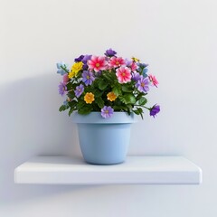 A flower pot with colorful flowers on a white shelf