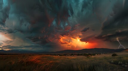 Dramatic Stormy Sky: A dramatic stormy sky with dark clouds and lightning bolts illuminating the scene. 

