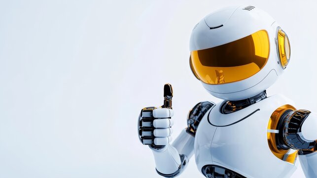 A friendly robot with a white body and yellow accents gives a thumbs up gesture. The robot is isolated on a white background, symbolizing positivity, progress, and technology. The thumbs up signifies 