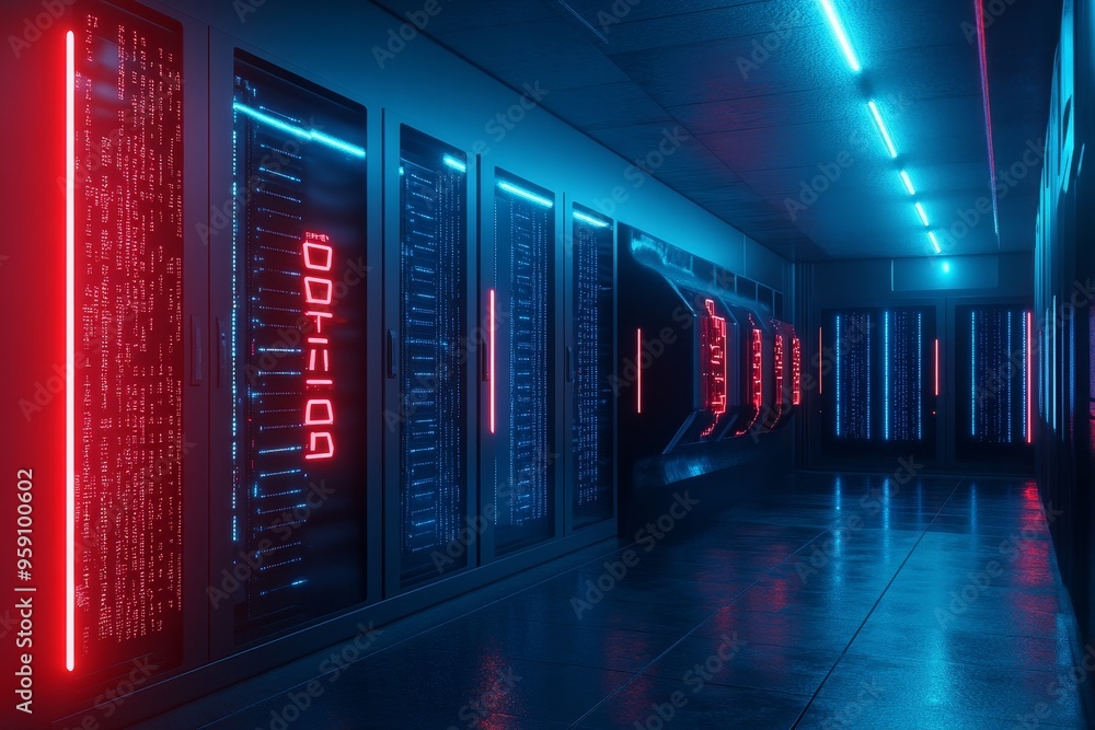 Poster a futuristic data center with rows of servers lit by neon lights, symbolizing the power of technolog