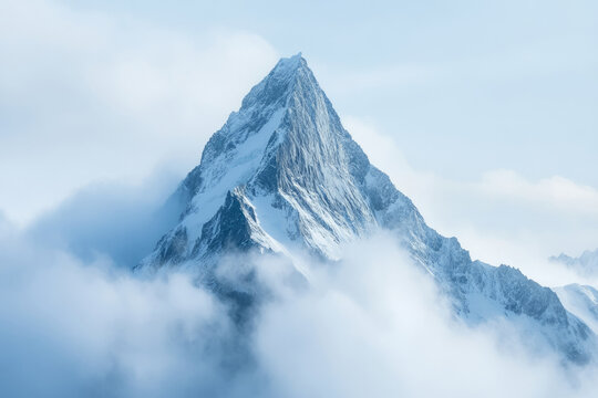 Snow covered mountain peak rises above clouds