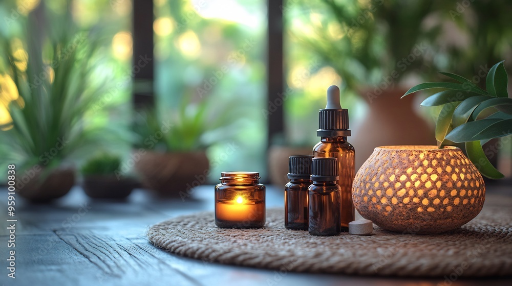Wall mural holistic health practices a serene setup featuring natural remedies essential oils and meditation to