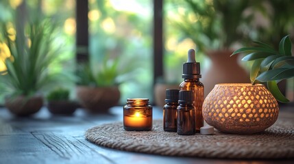 Holistic health practices a serene setup featuring natural remedies essential oils and meditation tools in a calming environment