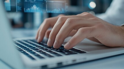 A man typing on a laptop computer with his hands, AI