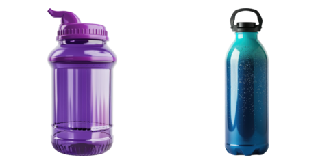 Children water bottle isolated on transparent background, set of