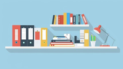 Fototapeta premium Organized office workspace with books, folders, and a lamp on shelves against a light blue background. Ideal for productivity and study themes.