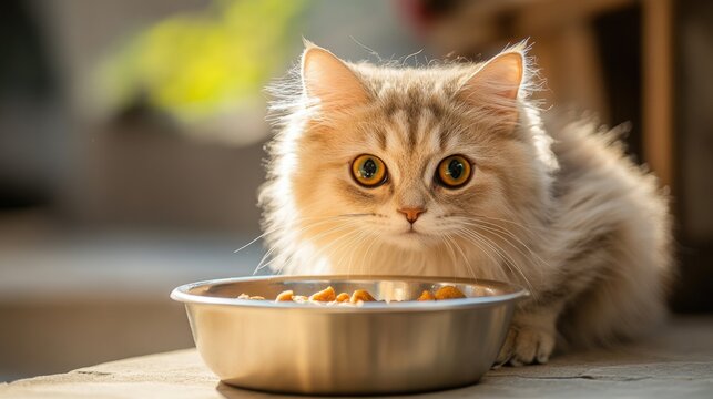 Cat With Food Bowl. Indoor Scene of Adorable Cat Near Bowl of Food, Pet Care Concept